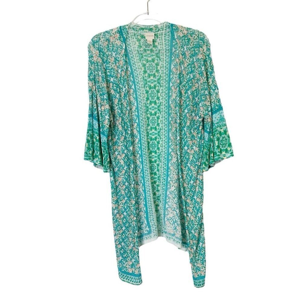 Chicos Open Cardigan Wrap Womens Size 1 US 8 Medium Green‎ Print Bell Sleeve